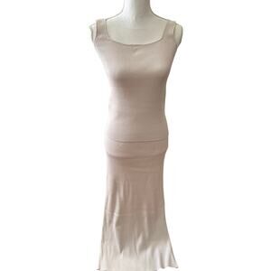 Splendid Ribbed Knit Maxi Double Slit Skirt & Tank Top Set Ecru M